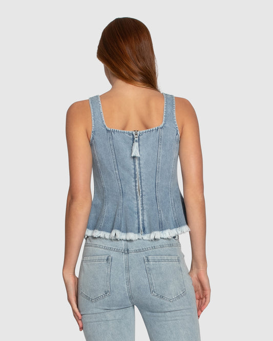 Hold Me Brave Fringed Hem Denim Top - Stonewash