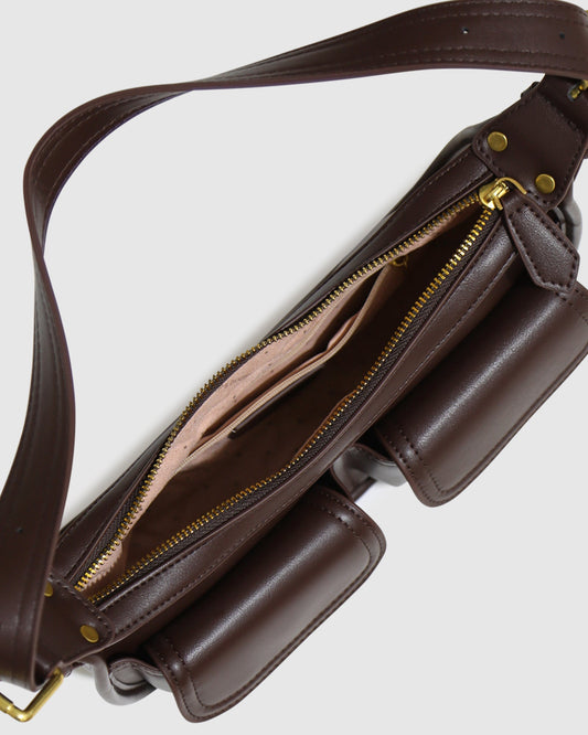 Chocolate Harper PU Bag with dual front cargo pockets with flap closures - alternate view