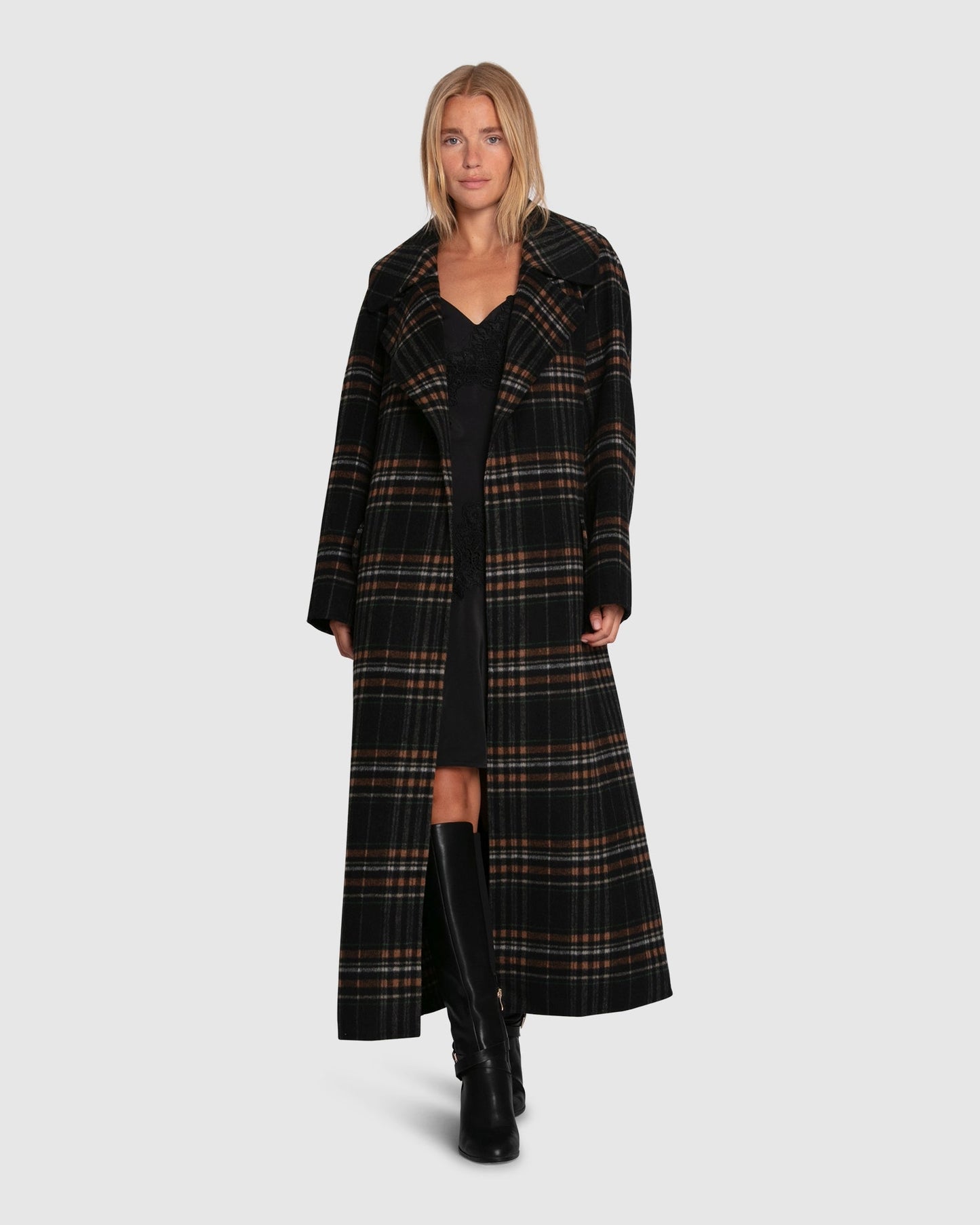 Heart To Heart Wool Blend Large Collar Maxi Coat - Black Plaid