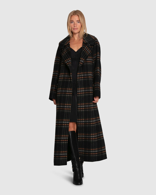 Heart To Heart Wool Blend Large Collar Maxi Coat - Black Plaid