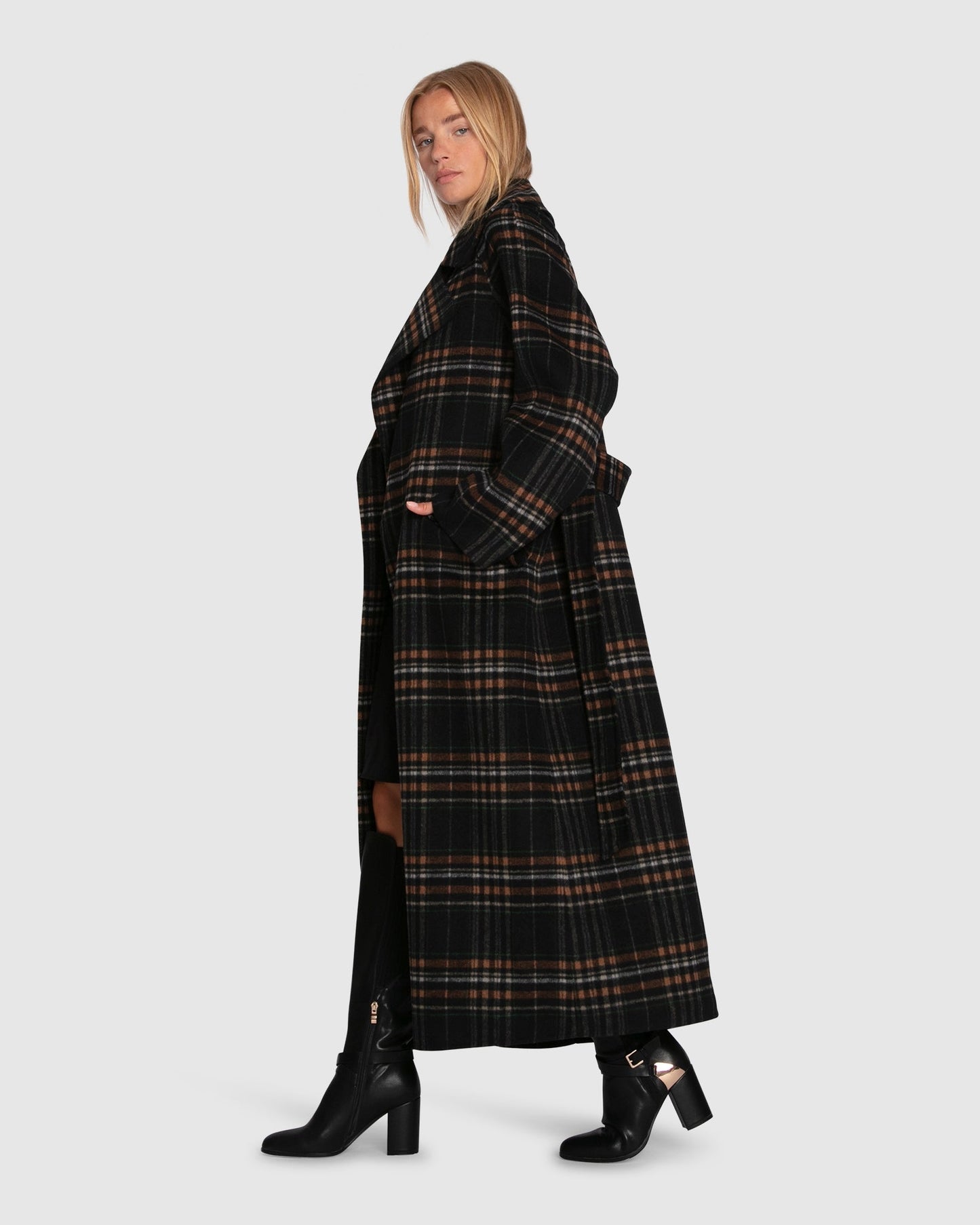 Heart To Heart Wool Blend Large Collar Maxi Coat - Black Plaid