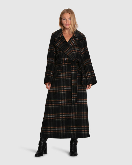 Heart To Heart Wool Blend Large Collar Maxi Coat - Black Plaid