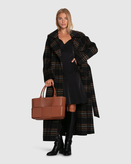 Heart To Heart Wool Blend Large Collar Maxi Coat - Black Plaid