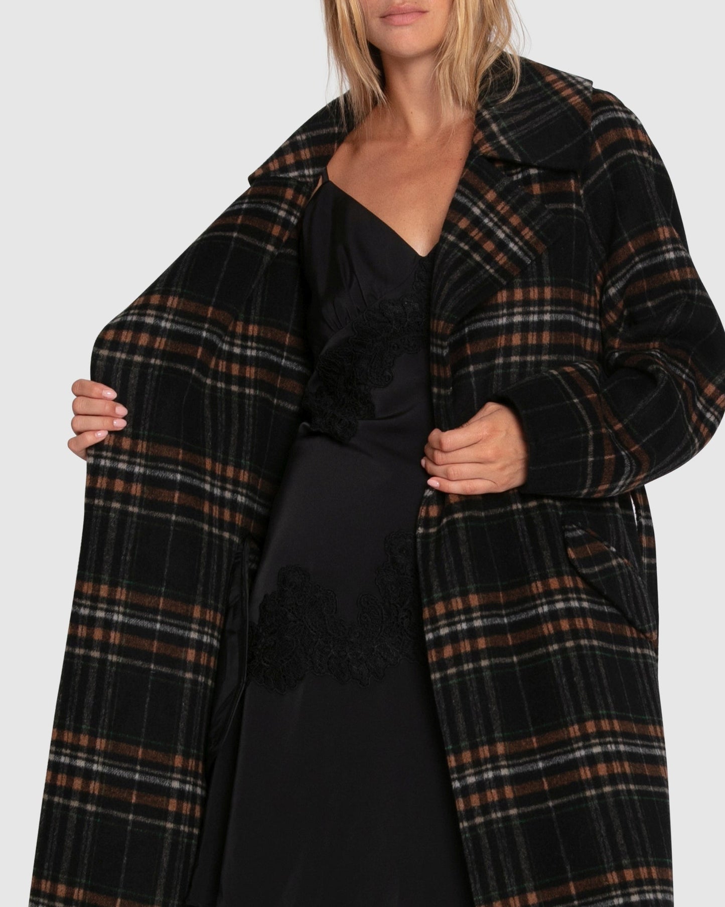 Heart To Heart Wool Blend Large Collar Maxi Coat - Black Plaid