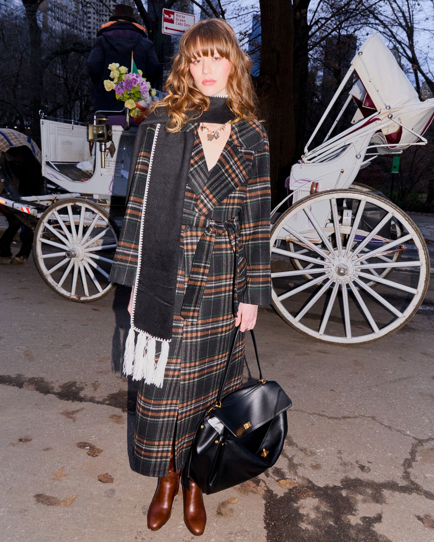 Heart To Heart Wool Blend Large Collar Maxi Coat - Black Plaid