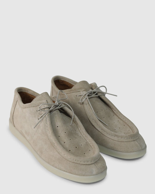 Sand Heatwave Suede Boat Shoes with soft suede upper with stitched moccasin-style toe and comfortable slip-on construction