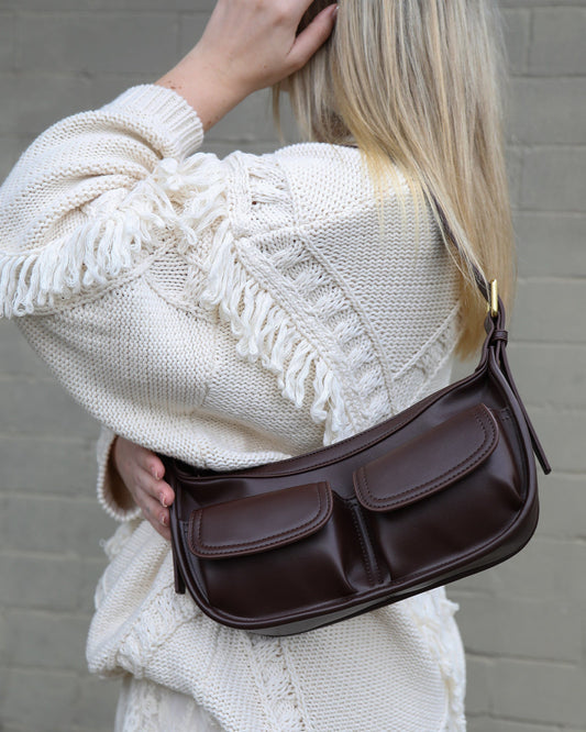 Chocolate Harper PU Bag with adjustable straps and handle drop 25cm - front view