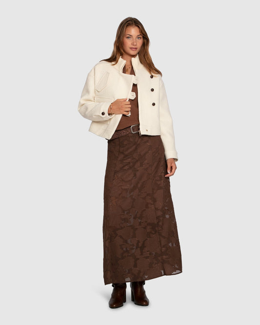 Chocolate Play It Cool Coupe Maxi Skirt with maxi-length silhouette and elasticated waistband - front view