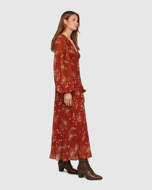 Rust In your Dreams Maxi Dress with long balloon sleeve with elastic cuff - alternate view