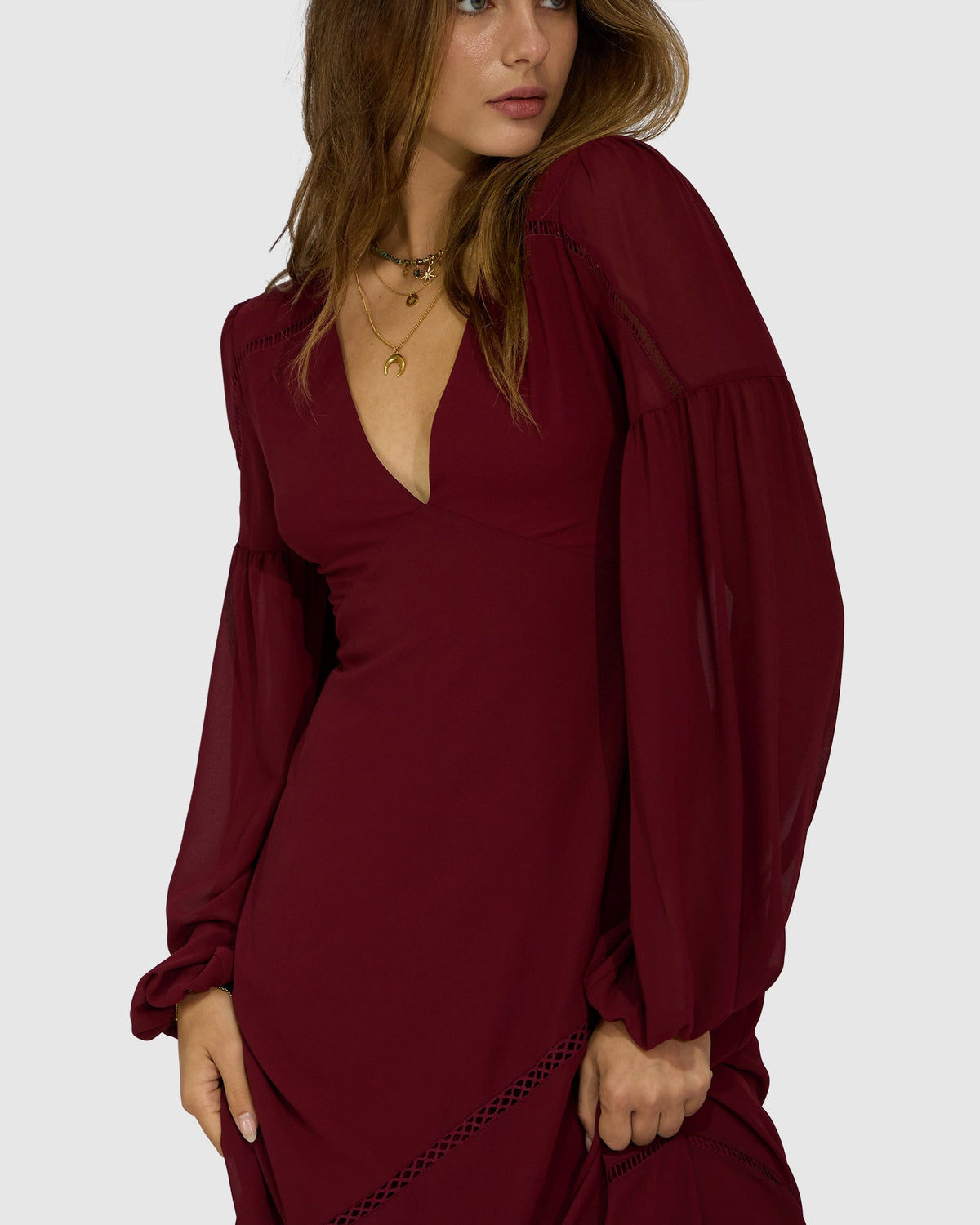 Burgundy In Your Dreams Maxi Dress with long balloon sleeve with elastic cuff - alternate view
