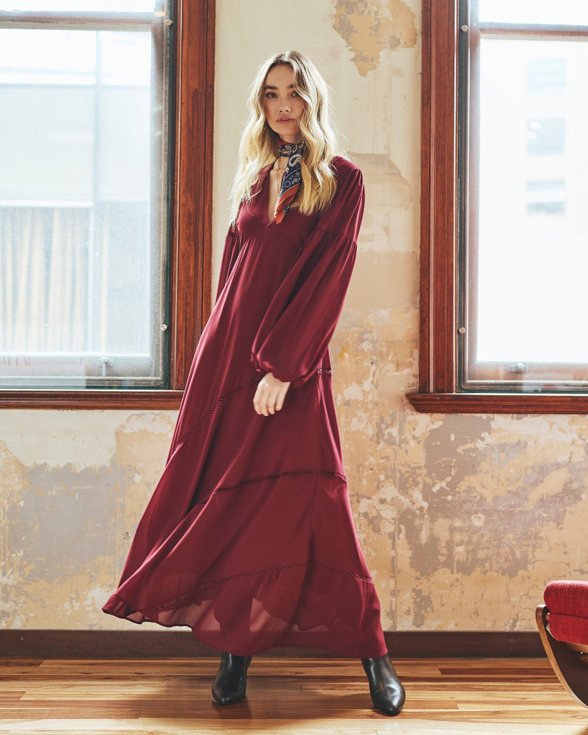Burgundy In Your Dreams Maxi Dress with V-neckline and balloon sleeves - front view