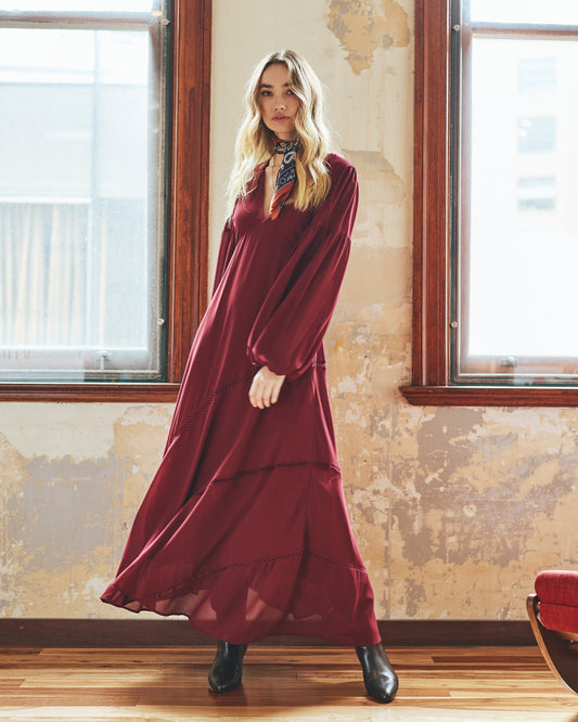 Burgundy In Your Dreams Maxi Dress with V-neckline and balloon sleeves - front view