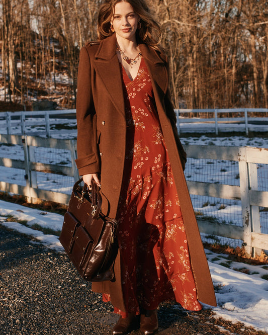 Rust In your Dreams Maxi Dress with V-neckline and balloon sleeves - front view