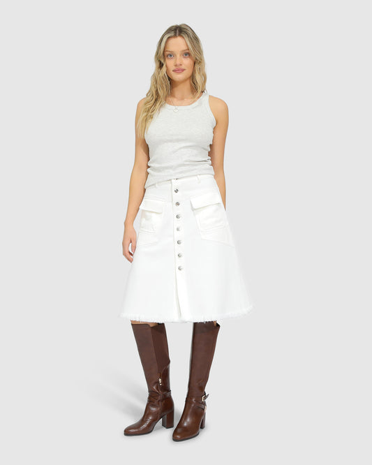Let Me Wander Button Front Denim Midi Skirt - Off White