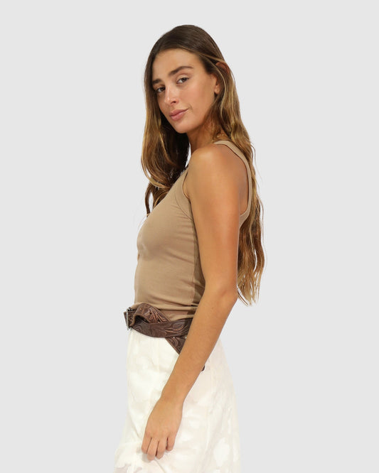 Beige Last Time Ribbed Tank Top with ribbed texture - alternate view