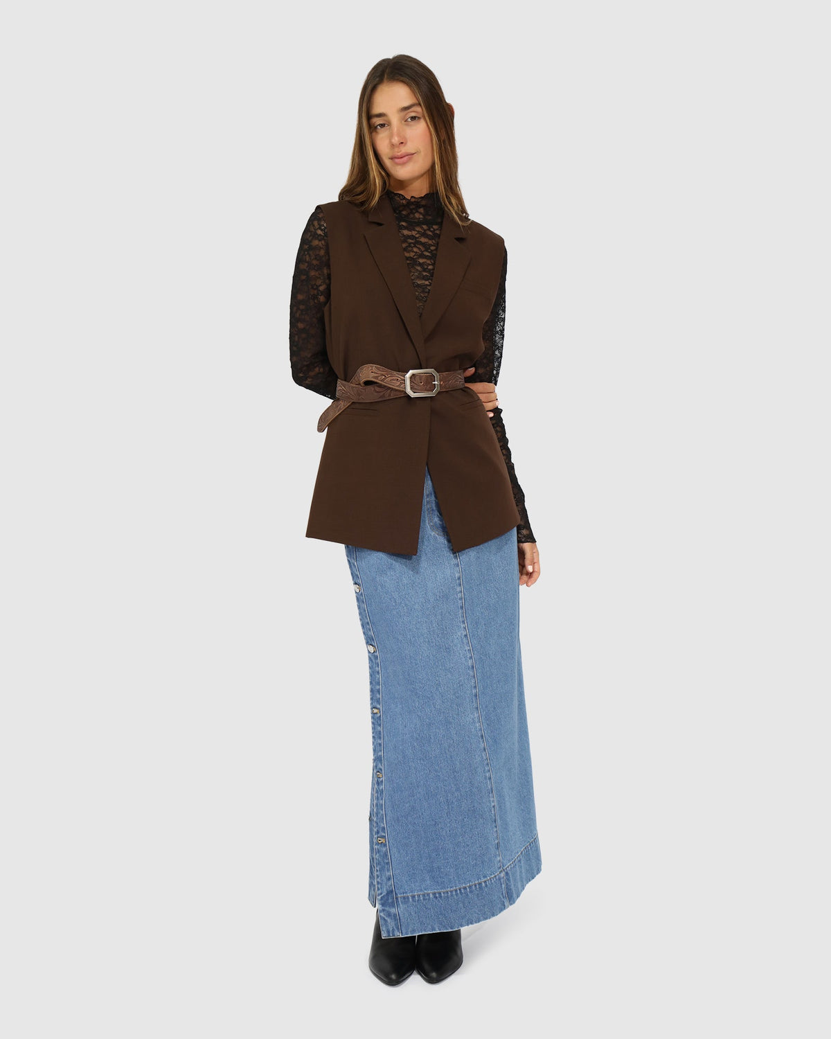 Chocolate Make it Mine Vest with double-breasted front and oversized silhouette - front view