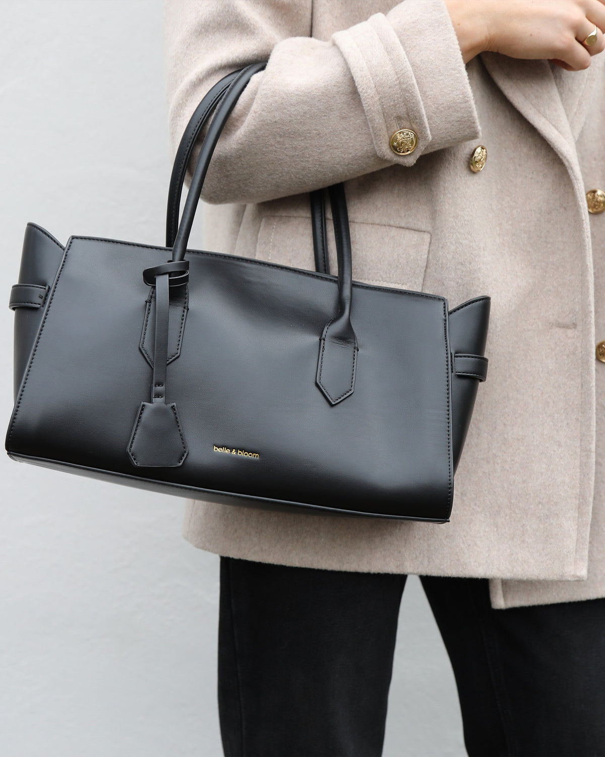 Black Stream Tote PU Bag with top handle and handle drop 20cm - front view