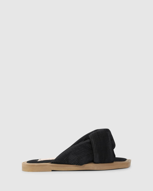 Black Oblivion Slides with pleated fabric knot strap - alternate view