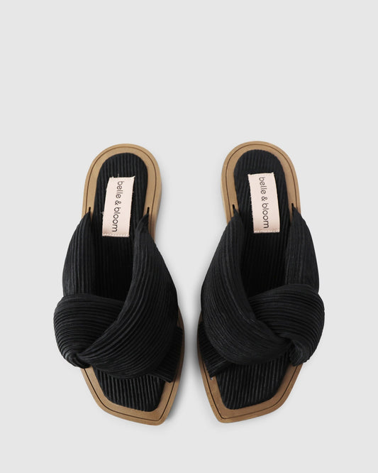 Black Oblivion Slides with pleated detailing and pleated fabric knot strap - front view