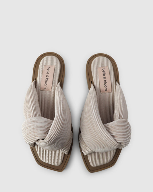 Stone Oblivion Slides with pleated detailing and pleated fabric knot strap - front view