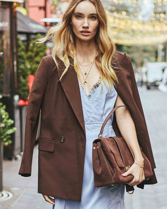 Chocolate Over and Out Blazer with double-breasted front and tailored straight fit - front view