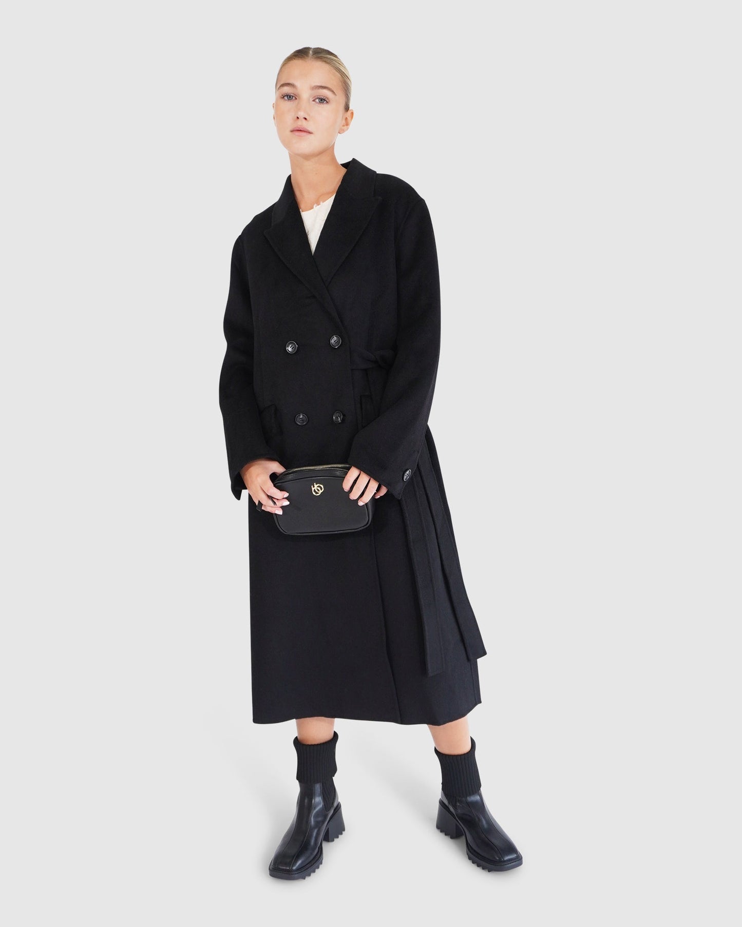 Right There Wool Blend Side Tie Coat - Black
