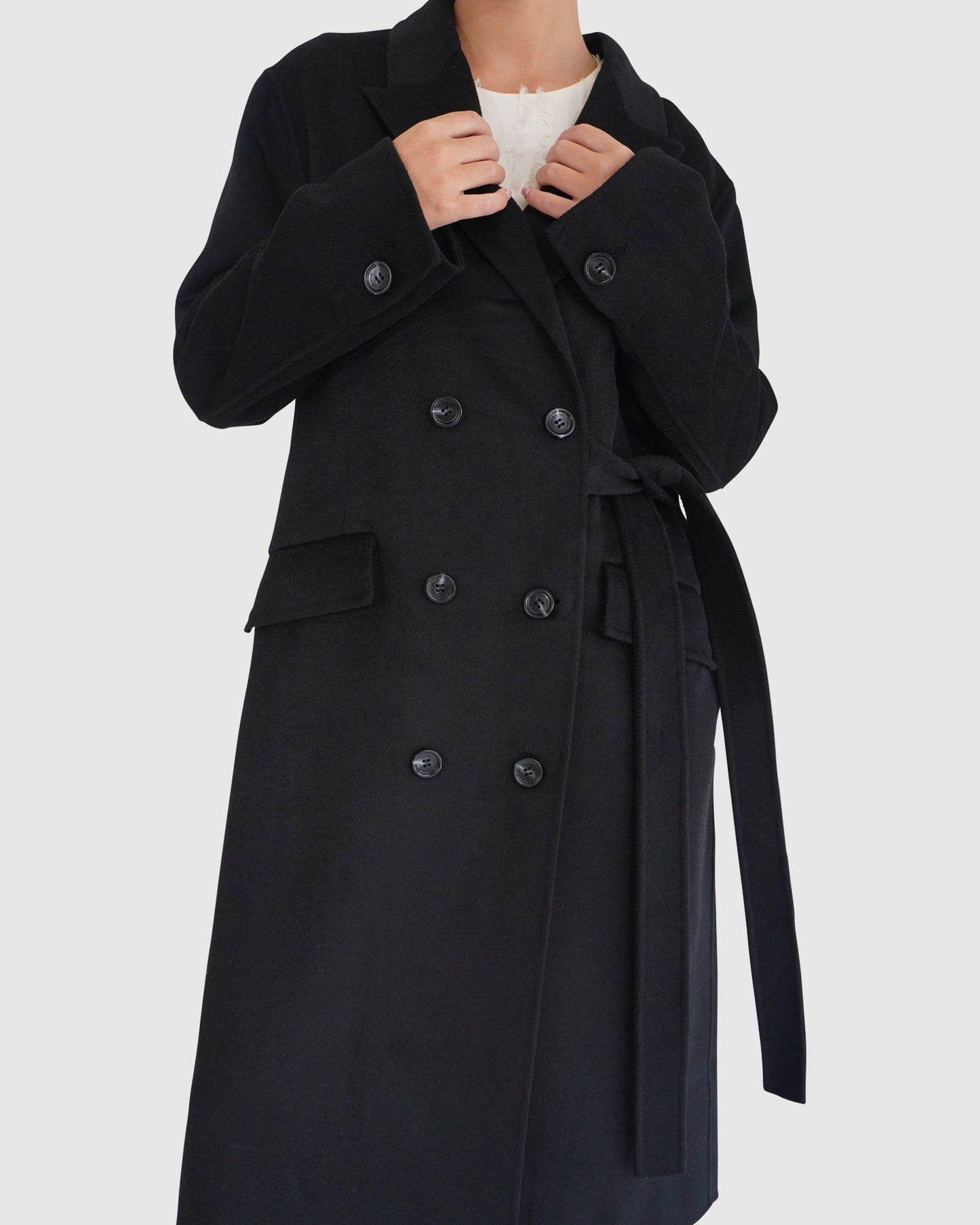 Right There Wool Blend Side Tie Coat - Black