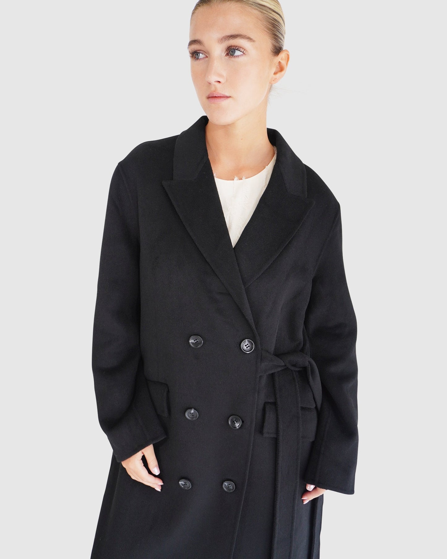 Right There Wool Blend Side Tie Coat - Black