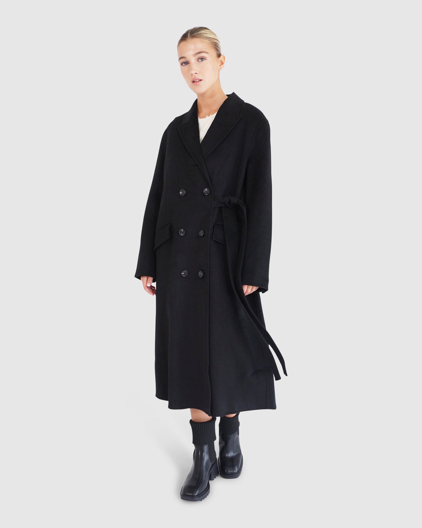 Right There Wool Blend Side Tie Coat - Black