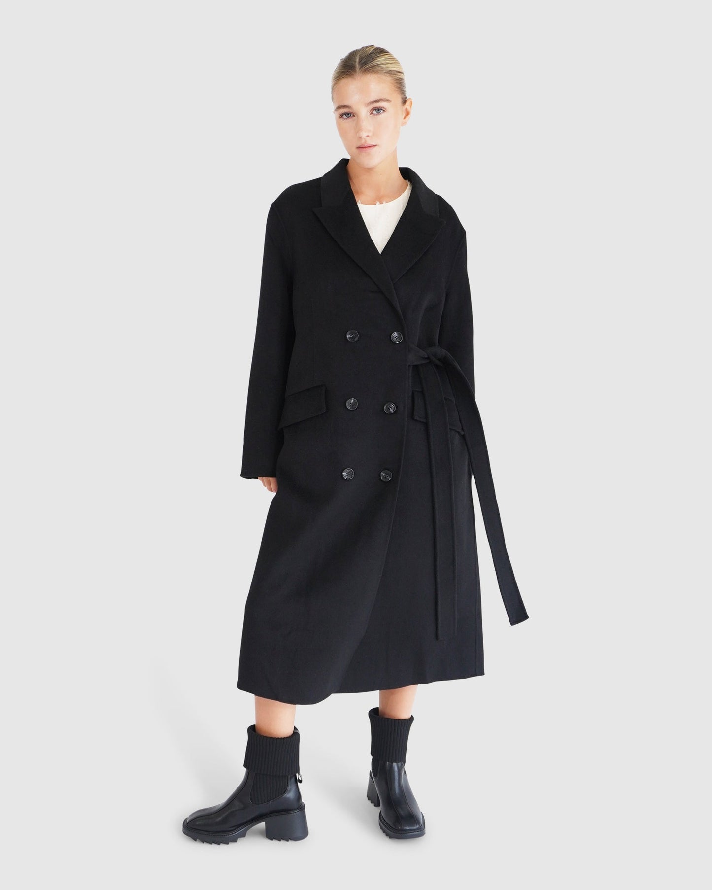 Right There Wool Blend Side Tie Coat - Black