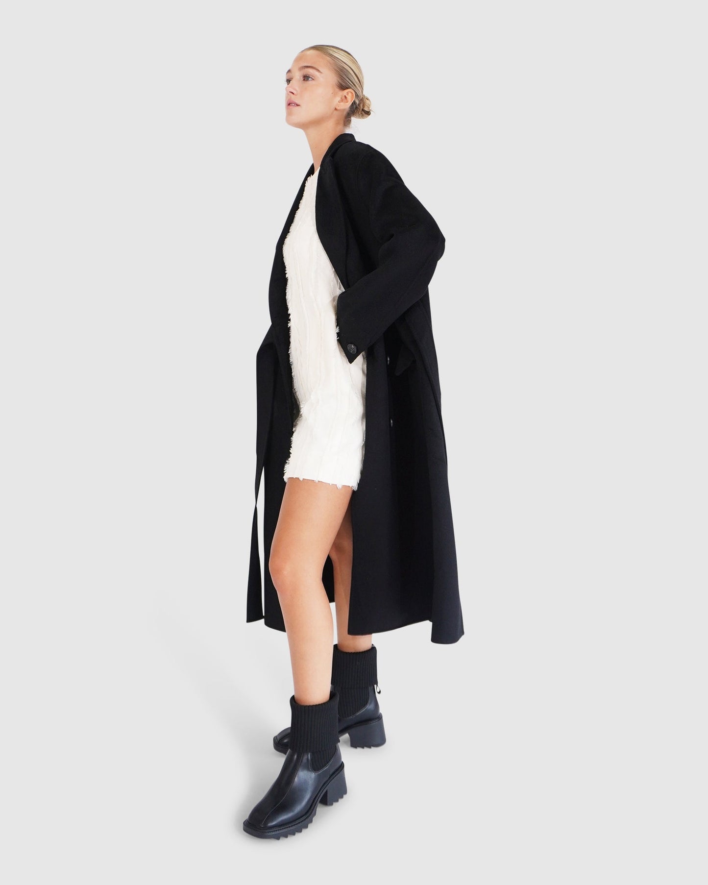Right There Wool Blend Side Tie Coat - Black
