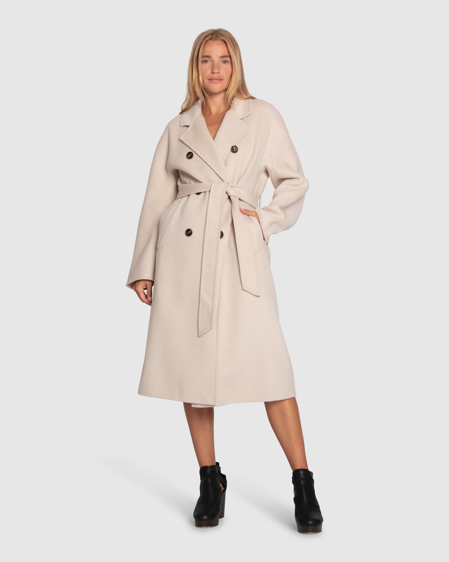 Real Love Wool Blend Double Breasted Maxi Coat- Pearl