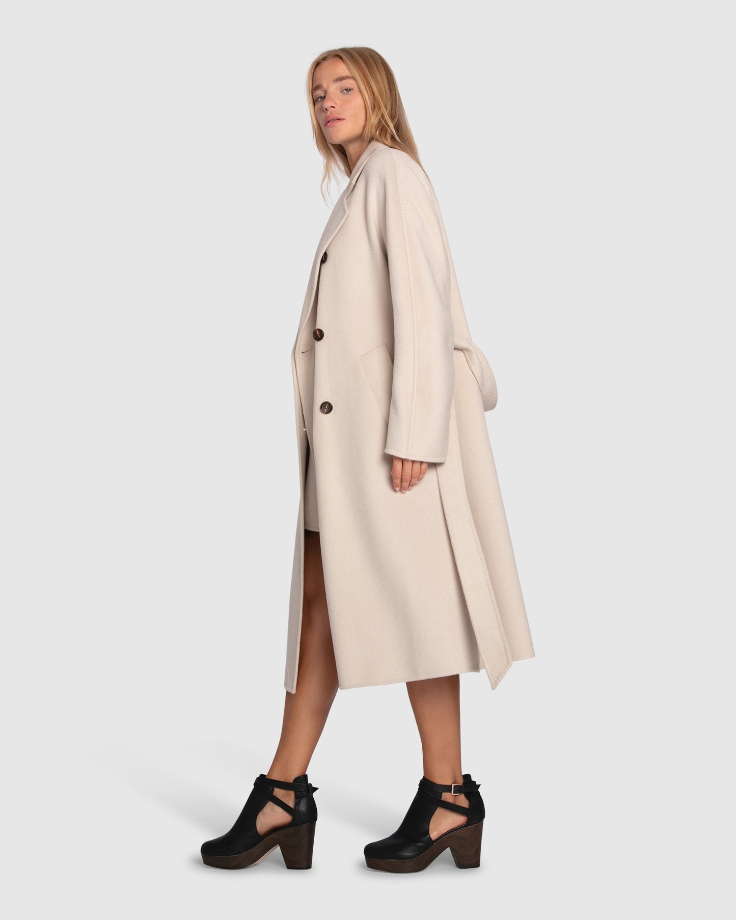 Real Love Wool Blend Double Breasted Maxi Coat- Pearl