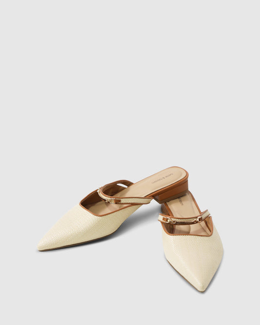 Natural Side By Side Leather Trimmed Flats with gold buckle detailing - alternate view