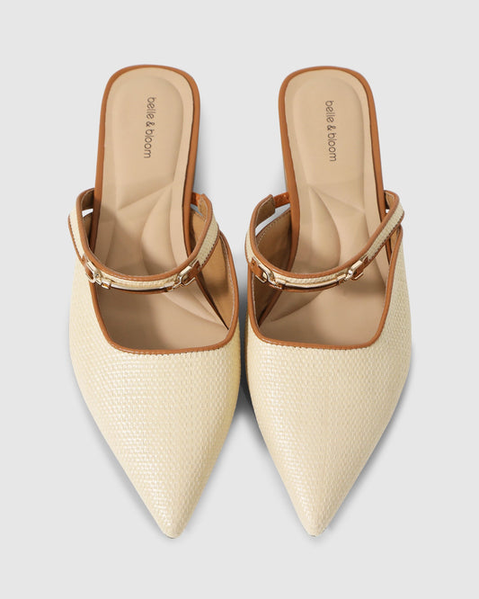 Natural Side By Side Leather Trimmed Flats with gold buckle detailing - front view