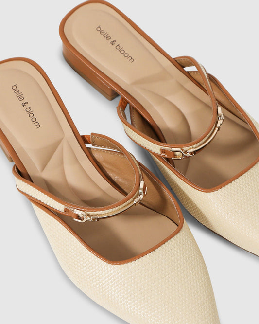 Natural Side By Side Leather Trimmed Flats with gold buckle detailing - alternate view