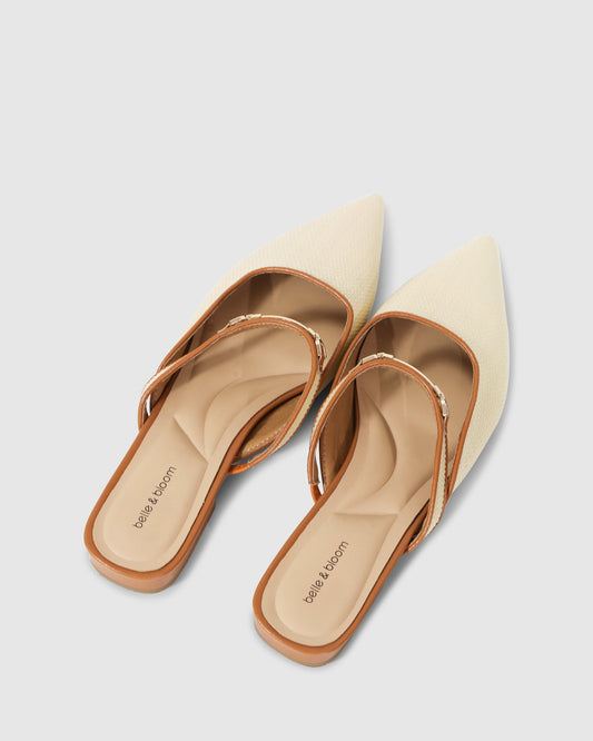Natural Side By Side Leather Trimmed Flats with gold buckle detailing - alternate view