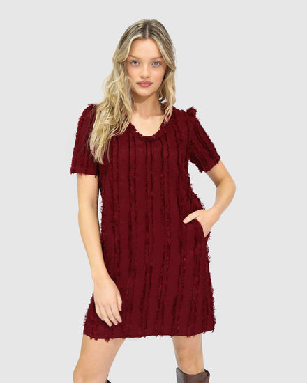 Solana Boho Fringe Shift Mini Dress - Burgundy