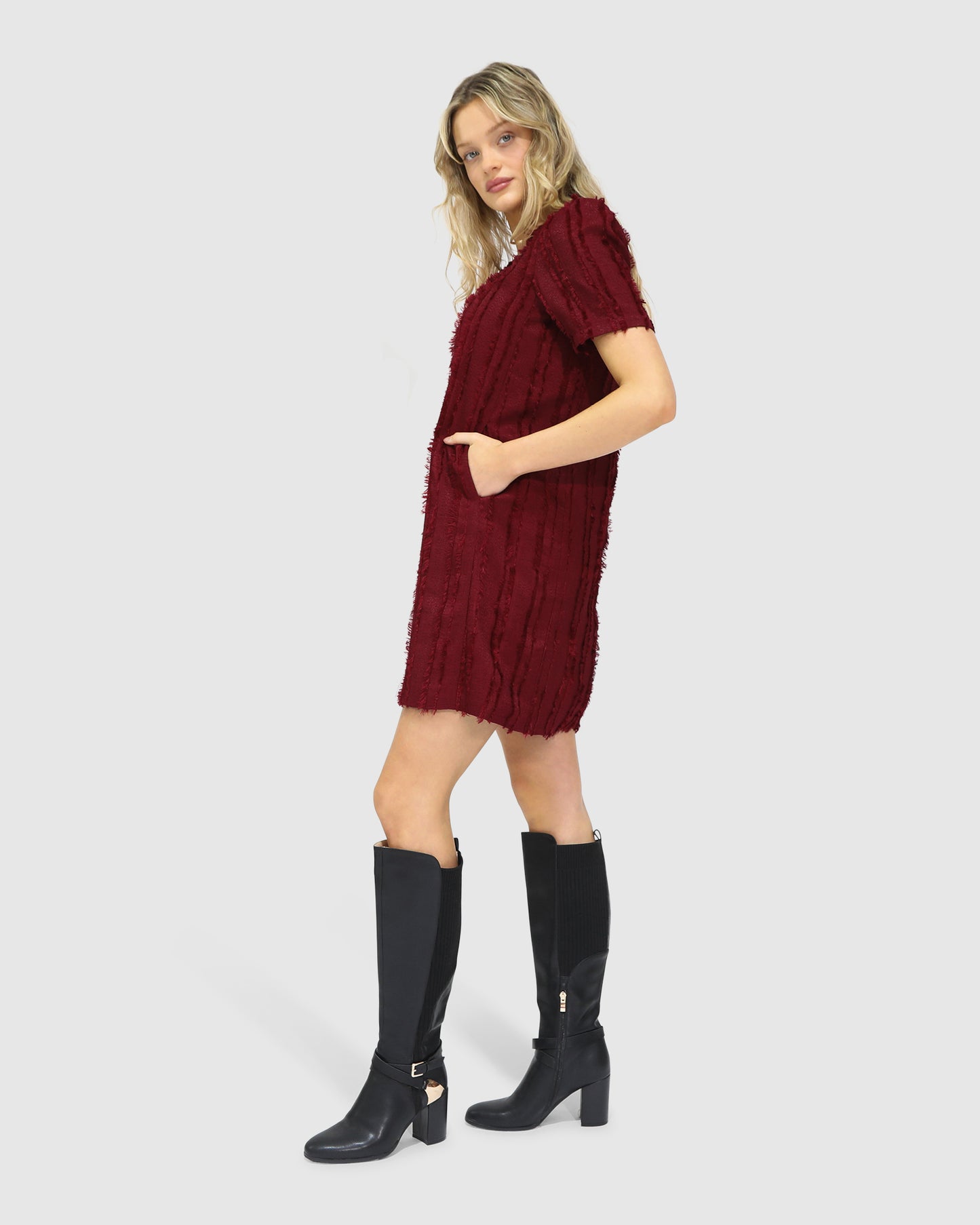 Solana Boho Fringe Shift Mini Dress - Burgundy