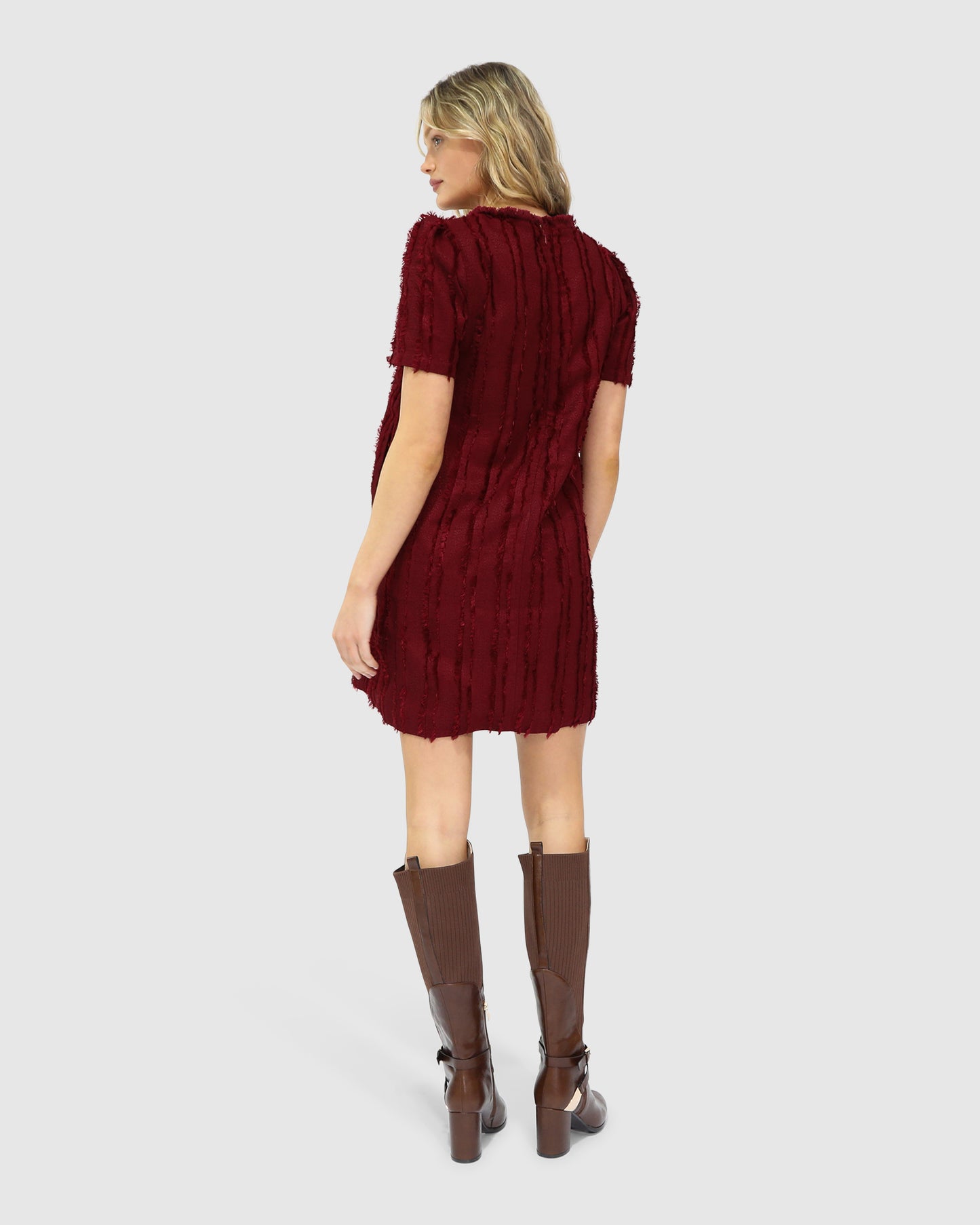 Solana Boho Fringe Shift Mini Dress - Burgundy
