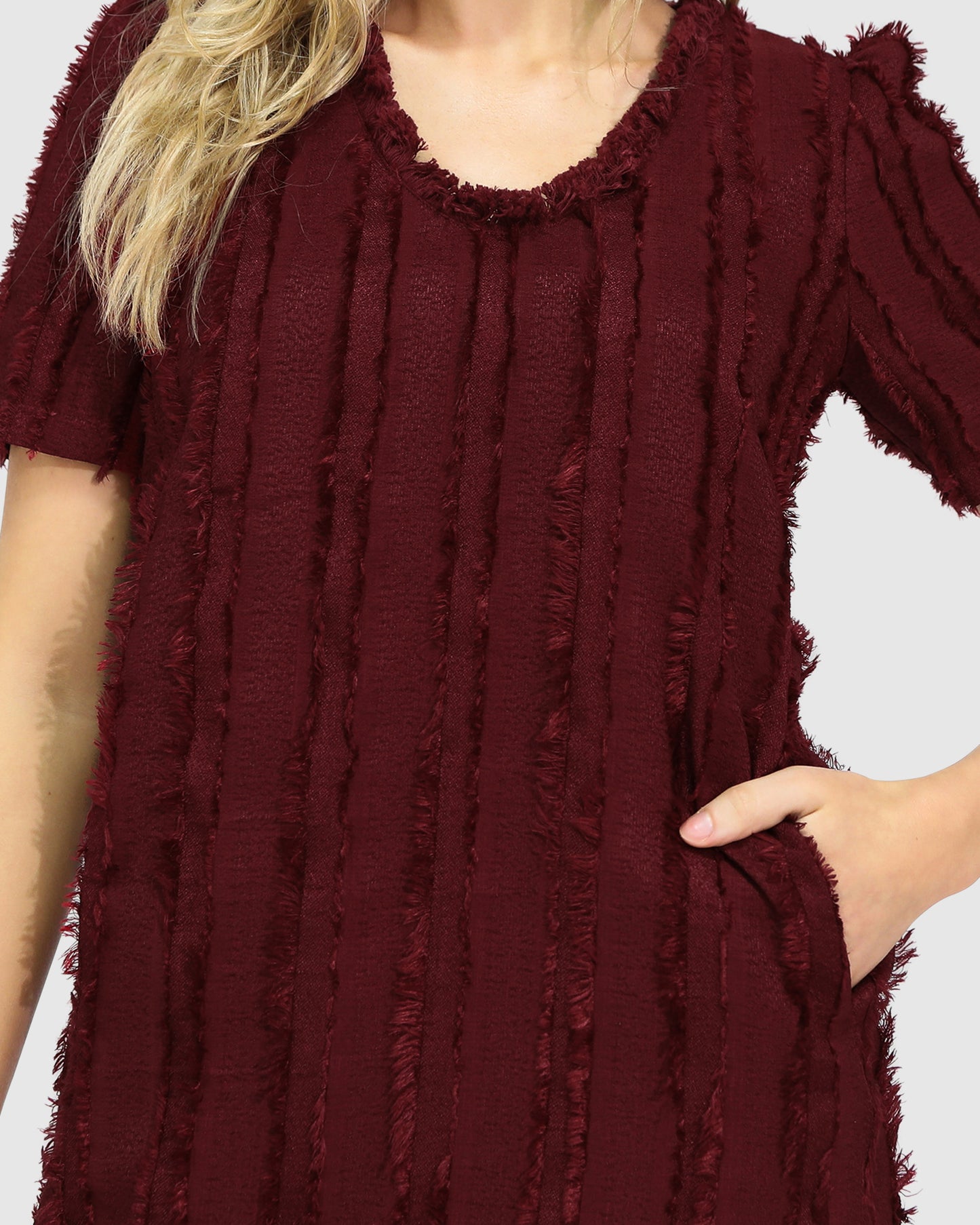 Solana Boho Fringe Shift Mini Dress - Burgundy