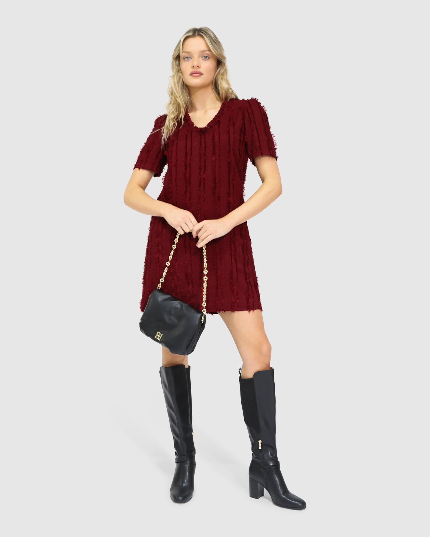 Solana Boho Fringe Shift Mini Dress - Burgundy