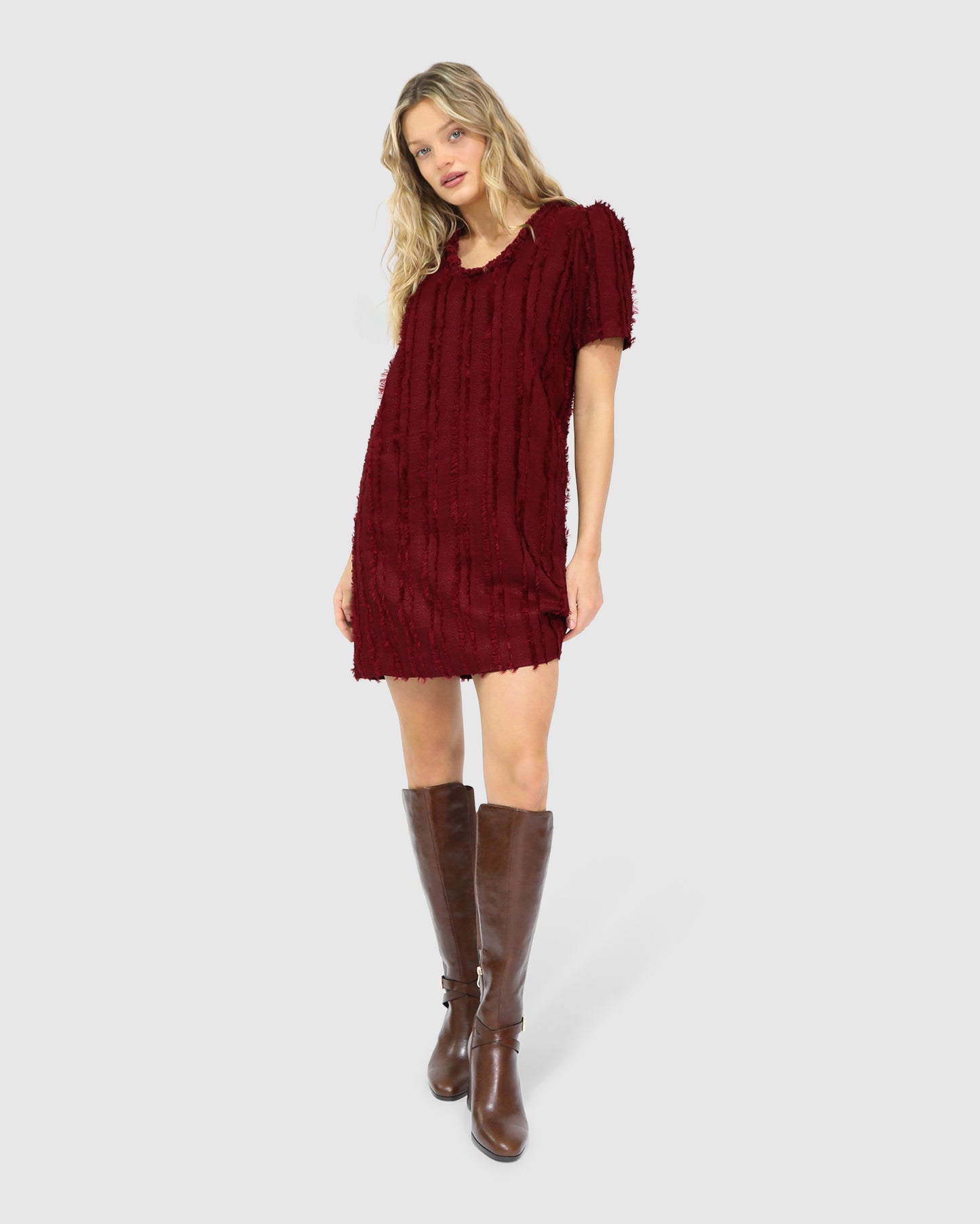Solana Boho Fringe Shift Mini Dress - Burgundy