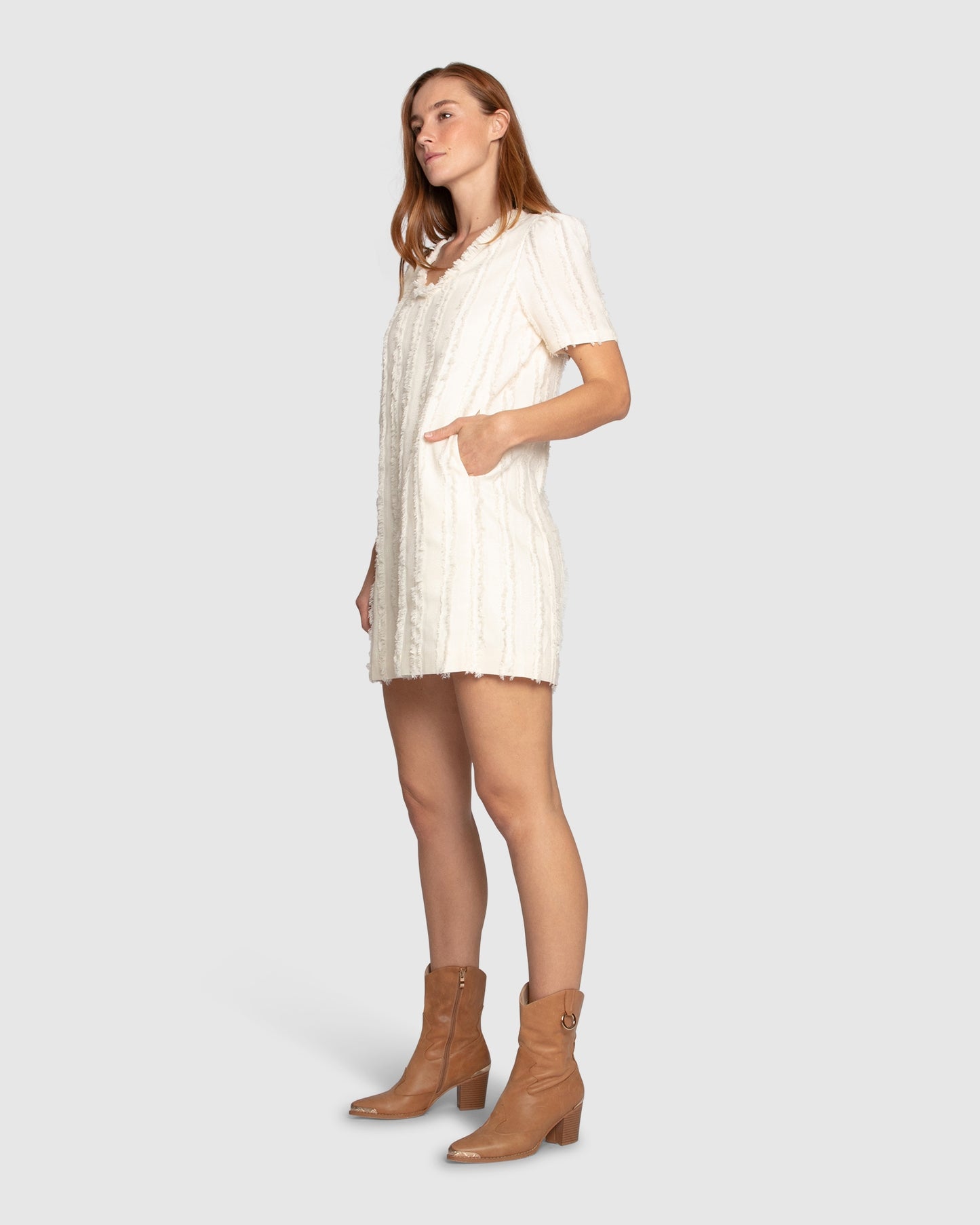 Solana Boho Fringe Shift Mini Dress - Cream