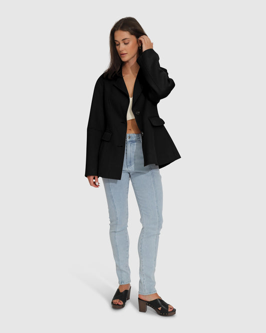 Stuck On You Wool Blend Cinched Waist Blazer - Black