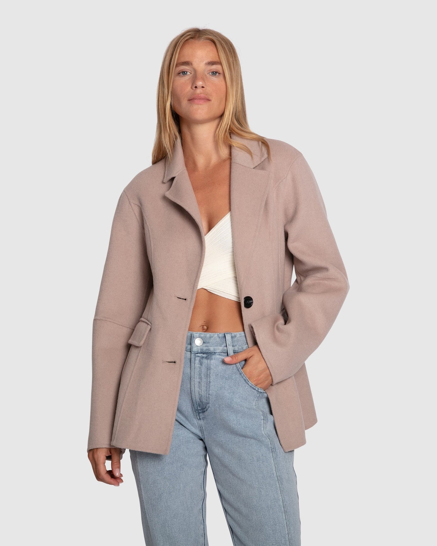 Stuck On You Wool Blend Cinched Waist Blazer - Sand