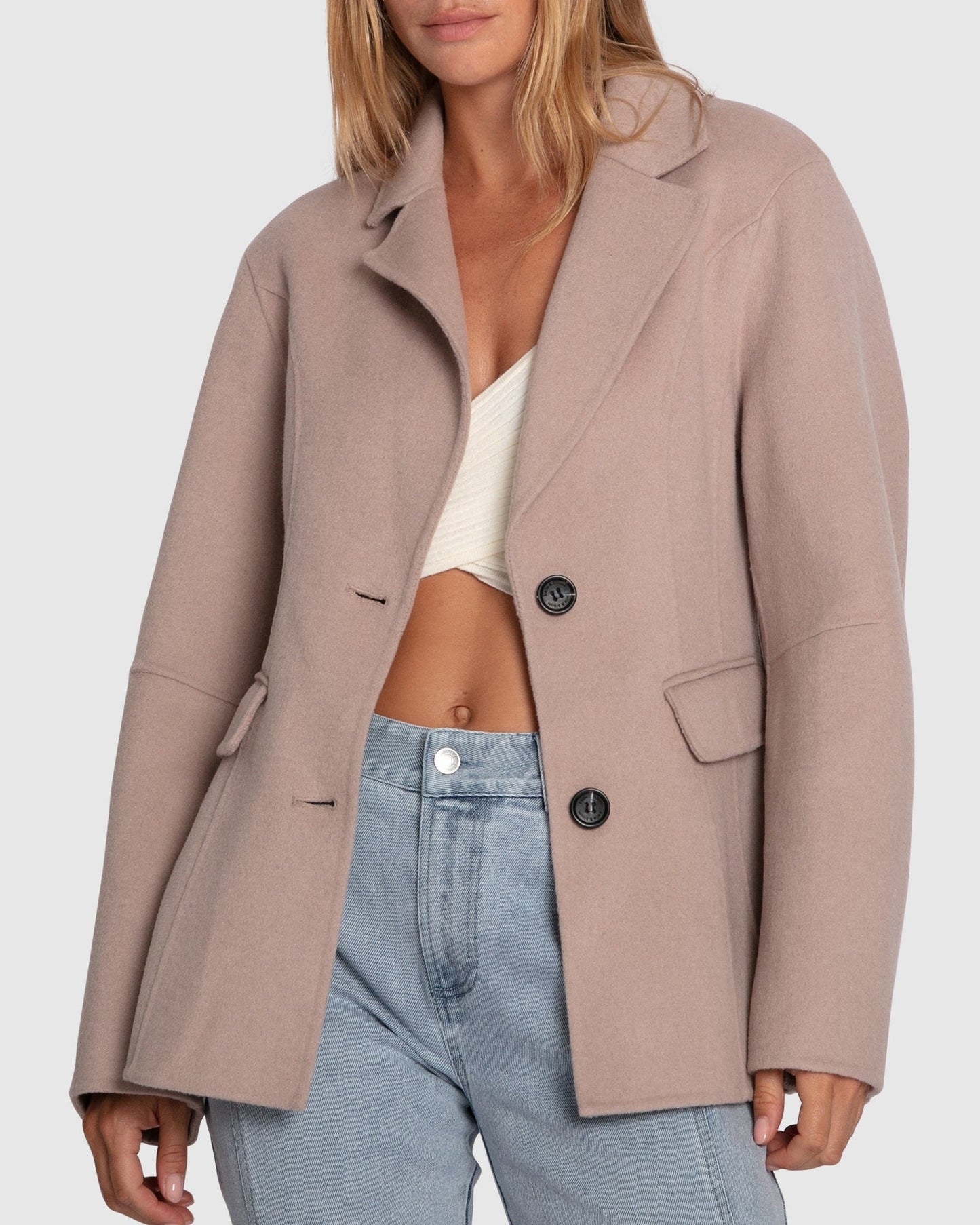 Stuck On You Wool Blend Cinched Waist Blazer - Sand