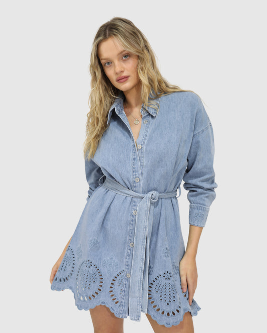 Sunday Somewhere Denim Broderie Mini Shirt Dress - Stonewash