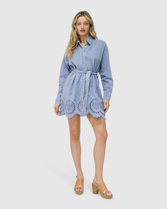 Sunday Somewhere Denim Broderie Mini Shirt Dress - Stonewash