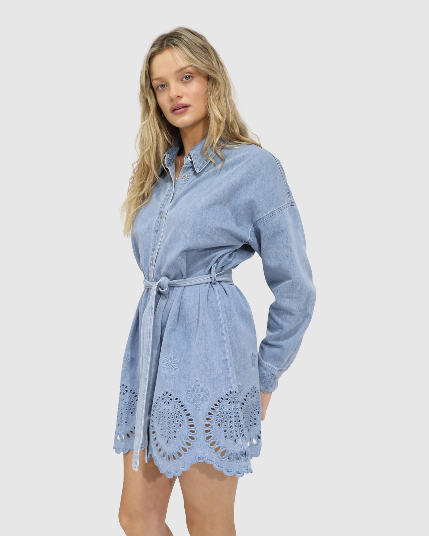 Sunday Somewhere Denim Broderie Mini Shirt Dress - Stonewash